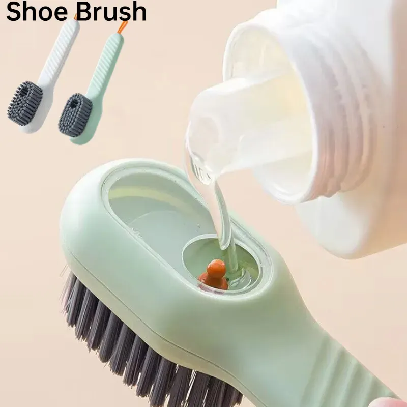 Escova de sapato de limpeza multifunções Soft Automatic Liquid Shoe Brush Long Handle Clothes Soap Brush com gancho Clean Tool