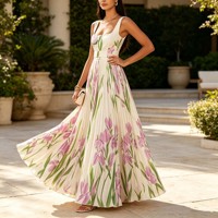 Robe longue plissée élégante pour femme à imprimé floral, sans manches, col carré, ceinturée, longueur ras du sol, motif fleur d'iris personnalisé