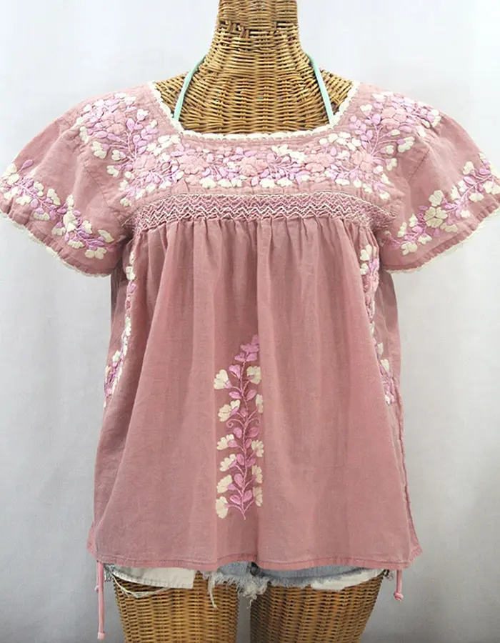 Embroidered Blouse Fabric Sweet Smocking Short Sleeve Pink Summer Blouses & Tops Shirt / Blouse for Women Casual Floral Pattern