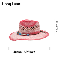 Chapeau de cowboy en paille rose style bohème, dégradé, avec bande de perles turquoise ajourées, pour l'été, enterrement de vie de jeune fille, chapeaux personnalisés pour femmes, vente en gros