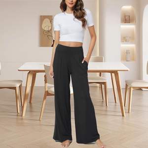 Pantalon de pyjama personnalisé en bambou et coton pour femme, coupe palazzo ample et fluide, avec poches, bas de pyjama confortable - Product Image 4