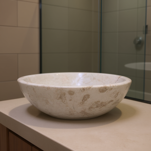 Évier en marbre crème ovale à fixation murale, accessoires de salle de bain contemporains polis - Product Image 2