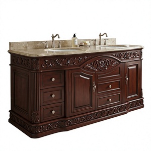 Luxury Classic Double <b>Bathroom</b> Vanity Carved <b>Wood</b> <b>Cabinet</b> Marble Freestanding Washstand with Mirror for Villa Hotel - Product Image 3