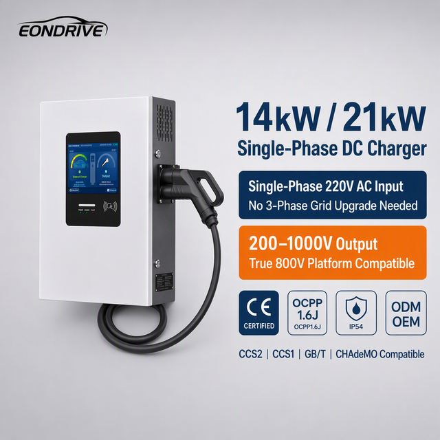 EONDRIVE New 14kW 21kW DC EV Charger Single-Phase 220V CCS2 GBT CCS1 200-1000V 800V OCPP 1.6 CE IP54 Wall Box