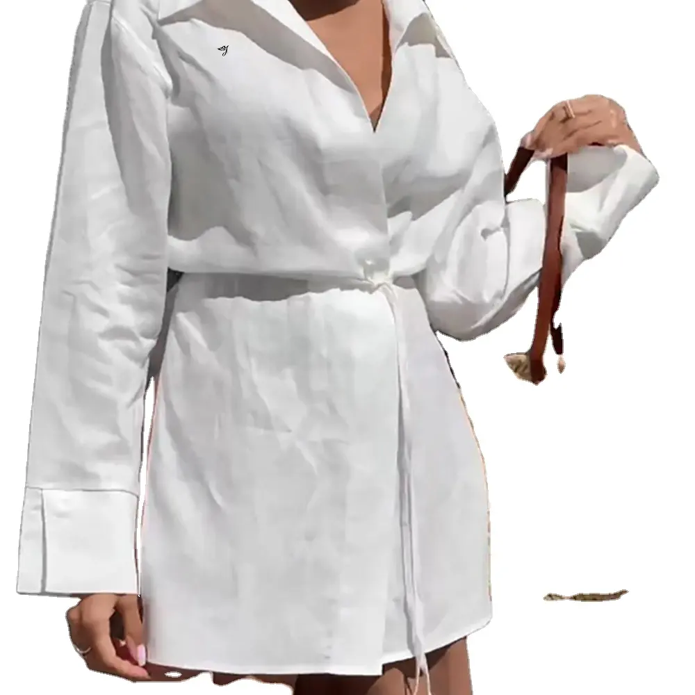 SMO otoño moda Lino suelta manga larga Mujer blusas medio largo camisa Casual blanco algodón camisa