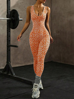 Combinaison de yoga premium à imprimé léopard et dos découpé, en nylon brillant, longue, sans manches, moulante, une pièce, pour l'entraînement 2026