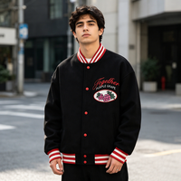 Blouson de baseball vintage noir pour homme, style preppy oversize, broderie graphique raisin, rayures rouges, veste bomber universitaire
