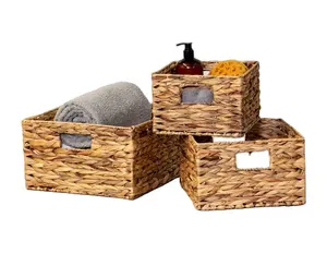 Durable Brown Set of 3 Nesting Water Hyacinth Baskets for Household storage