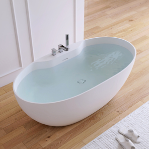 Bañera Moderna de Piedra Artificial para 2 Personas, Bañera de Superficie Sólida para Baño, Bañera Ovalada Blanca Independiente de 1600 mm - Product Image 1