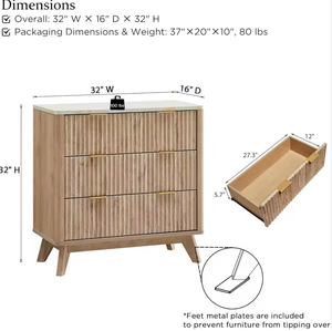 طاولة جانبية من خشب البلوط الطبيعي صديقة للبيئة بتصميم محزز، طراز منتصف القرن العصري، طاولة تخزين بثلاثة أدراج لغرفة النوم وغرفة المعيشة وغرفة الطعام - Product Image 5