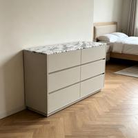 Commode à 6 tiroirs en marbre Arabescato, laque beige moderne, pour le rangement de la chambre à coucher