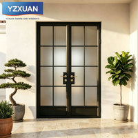 Puerta Doble de Entrada de Estilo Francés Moderno y Lujoso, Marco Estrecho Negro, Rejilla de Aluminio, Vidrio Retro, Aislamiento Térmico, para Exteriores de Viviendas