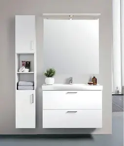 Bacia de lavagem de plástico branca moderna, com espelho, armário do banheiro