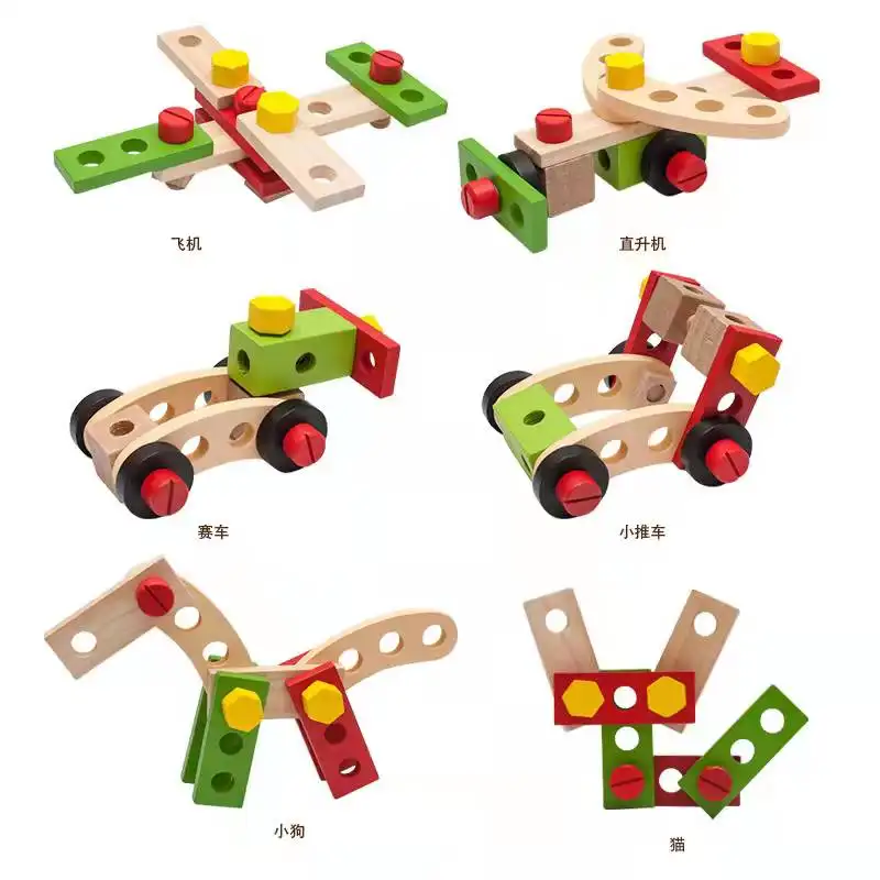 Kids Wood Building Blocks Construction Kit Travel Toy Model Building Tools Wooden Nuts and Bolts Toys for Toddlers