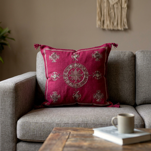 Funda de Cojín Cuadrada con Bordado Geométrico, Cojines Decorativos Bohemios Hechos a Mano de Lino y Algodón para el Hogar - Product Image 1
