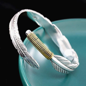 Retro Antique <strong>Silver</strong> Feather Opening <strong>Bangle</strong> for <strong>Men</strong> Simplicity Trendy Adjustable Bracelets Jewelry - Product Image 2