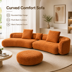 Divano Modulare Boucle Arancione Bruciato in Tessuto Morbido Testurizzato con Cuscini Profondi e Spaziosi, Silhouette Curva e Pouf Abbinato per la Casa - Product Image 2