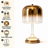 Lampe de table cloche en verre dégradé doré de luxe, double LED, base éclairante, lumière ambrée chaude 3000K/4000K/6000K, pour chambre, salon, hôtel