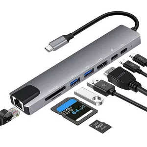 USB C Hub 8 in 1 USB USB dok istasyonu 4K HDTV + RJ45 + SD/TF + PD 87W şarj 8 Port adaptörü