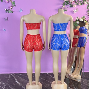 Conjunto de 2 Piezas para Mujer 2026, Top Tubo sin Tirantes de Encaje Transparente, Shorts Ajustados, Estilo Baddie para Club - Product Image 3