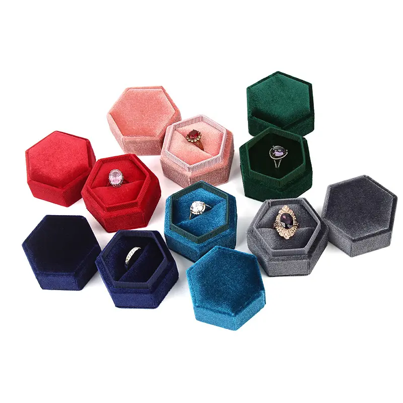 Luxe Ontwerp Roze Corduroy Ring Box Hexagon Fluwelen Hanger Ring Doos Sieraden Dozen