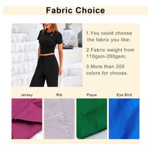 Haute qualité broderie personnalisée léger coton extensible maigre cordon taille élastique pantalon ensemble femmes t-shirt pantalon - Product Image 2