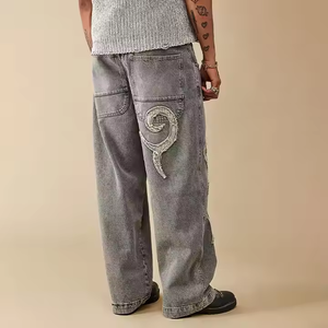 <span class=keywords><strong>Jeans</strong></span> larghi dritti grigi ricamati con Logo personalizzato per <span class=keywords><strong>uomo</strong></span> pantaloni in Denim Streetwear Hip Hop a vita alta lavati per l'estate - Product Image 3
