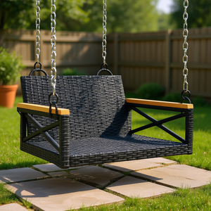 Banc balançoire en bois d'acacia avec cadre en acier thermolaqué noir et rotin, 2 places, mobilier d'extérieur pour patio, design contemporain - Product Image 2