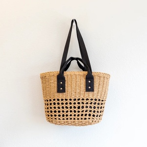 Bolso <span class=keywords><strong>de</strong></span> playa <span class=keywords><strong>de</strong></span> paja tejido a mano <span class=keywords><strong>de</strong></span> la UE, ecológico, cesta <span class=keywords><strong>de</strong></span> verano con asa <span class=keywords><strong>de</strong></span> lona negra, bolso artesanal para compras y vacaciones - Product Image 4