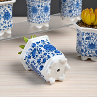 Lot de 6 pots à succulentes en céramique émaillée bleu et blanc à motifs floraux, petit pot à cactus de 3,3 pouces avec drainage, vente en gros