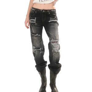 Jeans Bootcut Droits Délavés et Effilochés pour Homme avec Logo Personnalisé, Ornés de Strass sur Toute la Surface - Product Image 5