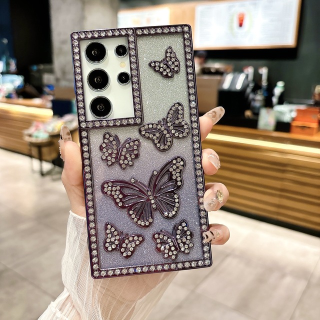 Gradient Glitter Water Diamond Butterfly Phone Case for Samsung S25Ultra S24Plus Three-Dimensional Electroplating Cover Lanyard