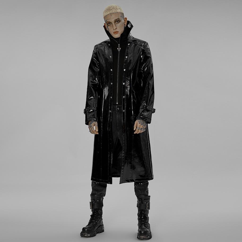 Punk Rave WY-1447DQ original design autumn winter fashion trending windproof warm black cool goth patent leather long coat