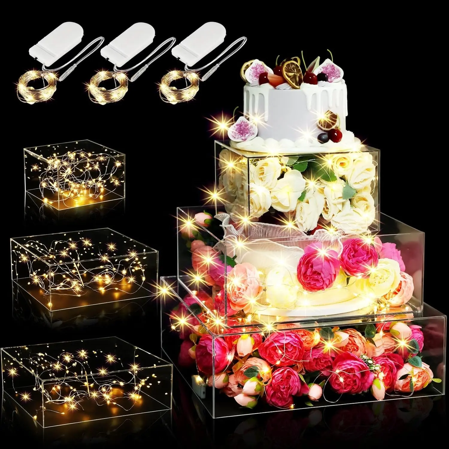 Cajas de pastel de acrílico de 3 niveles con luces LED Caja cuadrada de elevadores de pastel rellenables transparentes para Navidad, boda, cumpleaños, decoración de Navidad