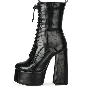 New Style Black Pure Color Stone Print Lace up Chunky Heels Platform Half <b>Knee</b> <b>High</b> Boots Round Toe Outdoor Anti-Slippery Shoes - Product Image 1