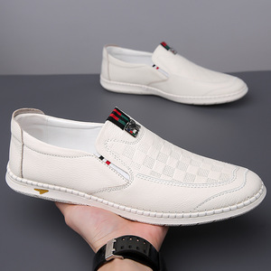 White Men's Loafers Slip-On Round Toe Genuine Leather Breathable <b>Rubber</b> Sole Casual Shoes - Product Image 2