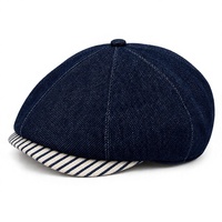 Topi Newsboy Denim Hitam 100% Katun dengan Pinggiran Warna Kontras, Topi Flat Cabbie 8 Panel, Baret Unisex Vintage untuk Pria Wanita
