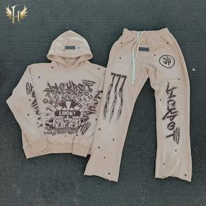 Custom Men Heavy Fleece Half <b>Spray</b> Washing Cropped Screen Flare Sweatpants Hoodie <b>Sets</b> Vintage - Product Image 6