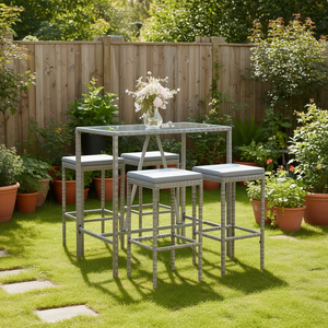 Ensemble de bar de jardin en rotin gris avec verre trempé, mobilier d'extérieur 4 places, design contemporain, résistant aux intempéries - Product Image 2