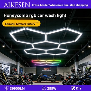Lumière de <span class=keywords><strong>garage</strong></span> hexagonale LED avec support en grille nid d'abeille RGB réglable pour postes de travail de beauté automobile et stations de lavage de voitures - Product Image 1