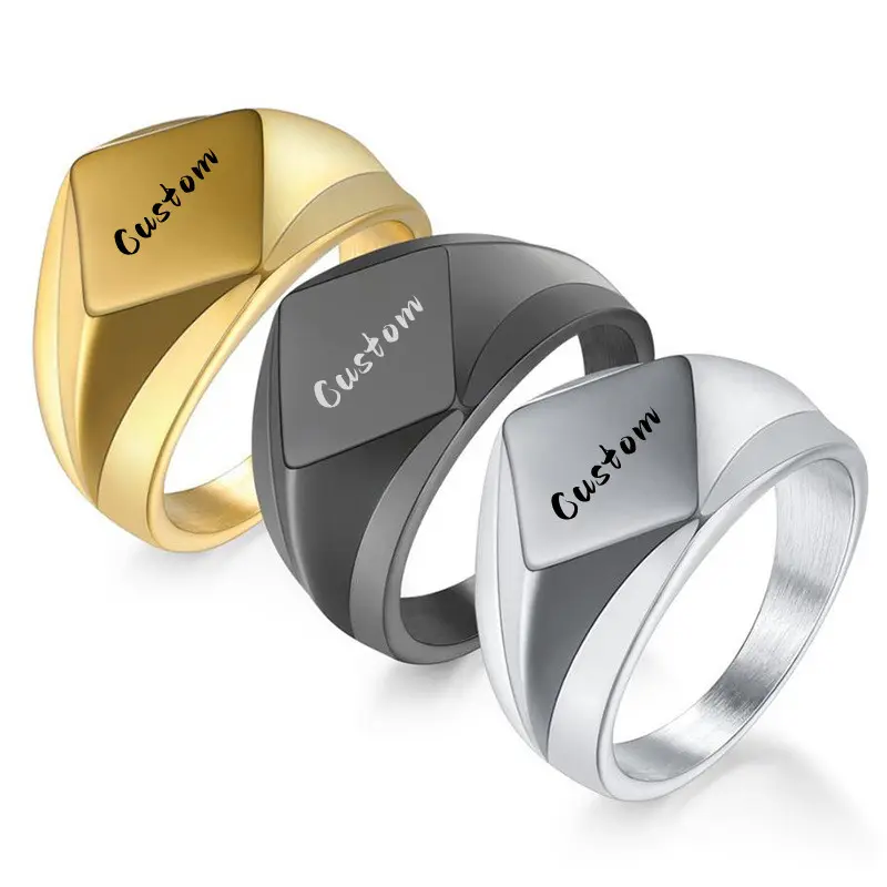 Custom Logo Engraved Geometric Blank Signet Ring Solid Flat Top Polished Stainless Steel Biker Rings For Men Women Jewelry