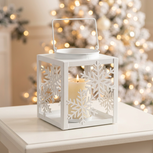 Portavelas Metálico con Diseño de Copo de Nieve Blanco, para Decoración Navideña del Hogar, Venta al Por Mayor - Product Image 1
