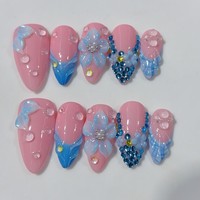Set Kuku Almond Press On Buatan Tangan Gradasi Pink Biru Bunga 3D Berhias Rhinestone 10 Pcs Tema Lautan Kuku Almond Press On