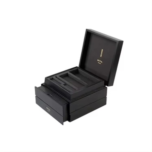 Caja de Almacenamiento Rectangular de Madera con Cajón, Hecha a Mano, Multicapa, Negra Mate, con Logotipo Estampado en Oro, Personalizable, DSS-1007 - Product Image 3