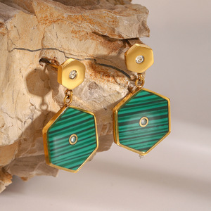 Hexagon Geometric <b>Stud</b> <b>Earrings</b> Green Stripe Gold Plated Party Fashion Jewelry - Product Image 1