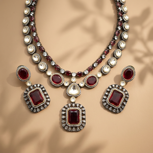Vintage <b>Ruby</b> <b>Necklace</b> and Earring Set with Imitation Pearl Gold Plated Brass Jewelry Bohemian Unisex Wedding Style - Product Image 4