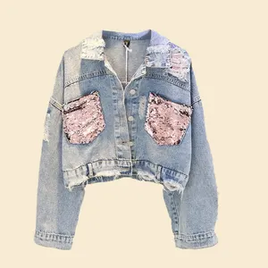 Custom Fashion Design Sequin Patches Denim Jacket Clothing Washed Sequin Denim Jacket Women Made In China