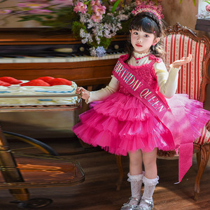 Vestido de Princesa <span class=keywords><strong>para</strong></span> Niñas, Otoño 2025, Nuevo Modelo Festivo y Elegante, Tela de Malla con Lentejuelas y Cuentas Resistentes, Color Sólido, Poliéster - Product Image 4