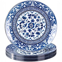 Assiette en plastique imitation porcelaine bleue et blanche, style chinois rétro, compatible micro-ondes, motif végétal, pour le commerce transfrontalier