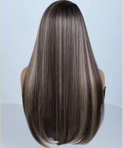 Perruque Synthétique Lace <span class=keywords><strong>Front</strong></span> 13x6 24 Pouces Brun Chocolat Raie Libre Longue Lisse Ombré Brun avec Mèches Blondes Résistante à la Chaleur - Product Image 6